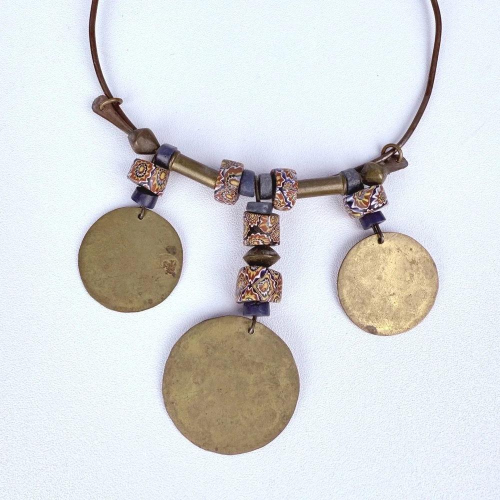 Vintage Artisan Brass Disc Necklace Polymer Clay Beads Boho Statement Indie Gift
